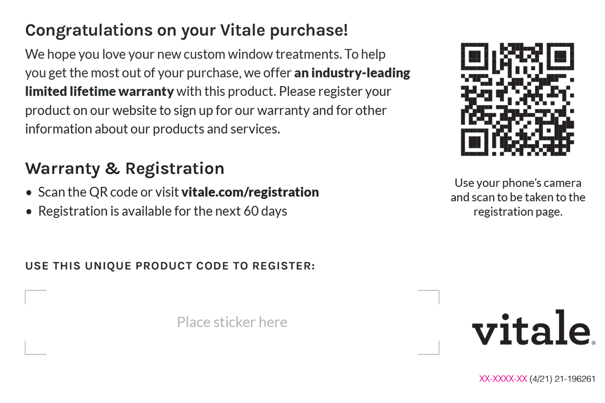 Vitale Warranty Registration Card with Product Code
